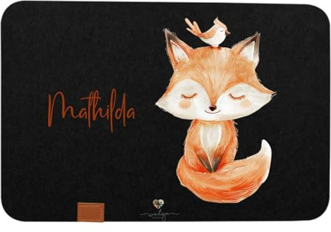 wolga-kreativ personalisiertes Tischset Filz Platzdeckchen Platzset für Kinder und Kleinkinder Mädchen Junge Fuchs Tiere mit Namen Bedruckt Geschenk Taufe Geburt Einschulung