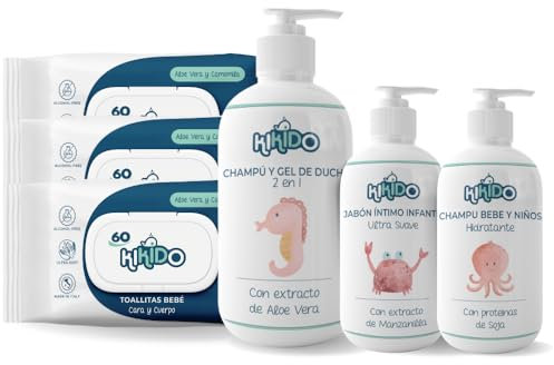 Kikido Baby Geschenk Set 6 st - Geschenkset mit Baby-Produkten Feuchttücher, Baby Shampoo, Sanftes Bad, Intimreiniger - Set Neugeborene für Empfindliche Haut 6 St
