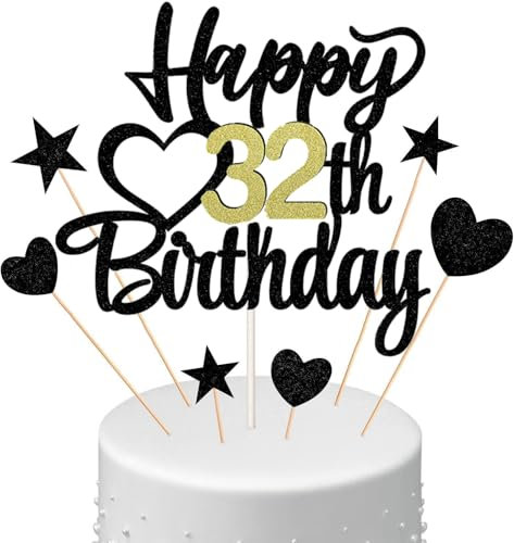 Anlgdi Tortendeko Happy Birthday Deko Kuchen Topper 32. Geburtstag Mann Frau, Kuchendeko Happy 32th Birthday Schwarz, Cake Topper 32 Jahre Torte Kuchen Deko für Geburstagstorte Deko 32. Männer Frauen