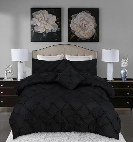 Northern Luxe Pintuck Duvet Cover with Pillowcases – Pinch Pleated Soft Bedding Set, Quilt Cover for Ultimate Comfort Top Notch Quality (Black, Double - Duvet Cover Only)