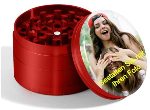 CGFN Personalisierte Gewürzmühle, Grinder Metall - Kann mit persönlichen Fotos und Text personalisiert werden, Kräutermühle zum Mahlen von Kräuter, Gewürze, Kaffee und mehr (Rot)