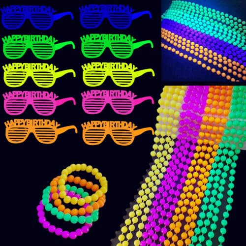 KARLOR 18 Stück UV Party Deko, 10 Fluoreszierende Brillen + 4 Neon Armbänder + 4 Leuchtende Halsketten, Schwarzlicht Party Zubehör Partybrille Glow Party Accessoires UV Party Outfit Glow In UV Licht