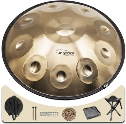 SINGOFIRE Handpan Drum, 22 Zoll, 10 Noten, 440Hz D Moll, Kurd, mit Soft Handpan Bag, 2 Schlägel, Ständer und staubfreiem Tuch