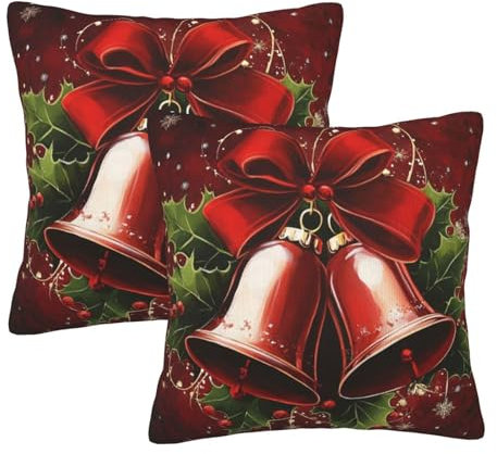Kissenbezüge 2 Stück Weihnachten Holly Red Bell Wurfkissenbezügen Drucken Moderne Bett Kissenbezüge, Für Garten, Bett, Stuhlmöbel, 45x45cm