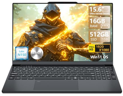 PC Portatile 16GB RAM 512GB SSD, Win 11 OS Notebook Twin Lake-N150 CPU, 15.6 Pollici Laptop FHD 1920*1080, Tastiera Retroilluminata+Sblocco Impronta Digitale, WiFi5+USB3.0+BT4.2+Webcam+Mini-HDMI