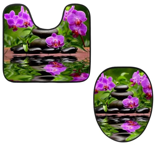 Eslifey Lot de 2 housses pour abattant de WC et tapis de sol de toilette en forme de U - Motifs pierres de basalte zen et orchidée - Lavables en machine - Antidérapants et absorbants
