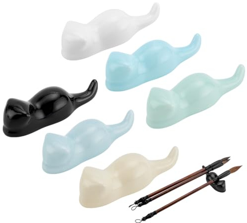 PH PandaHall 6PCS Cats Porcelain Brush Holder, 6 Colors Ceramic Pen Rest Holders Paint Brush Rest Stand for Calligraphy Painting and Art Supplies Colors Desk Organizer, 3.3x9.4cm