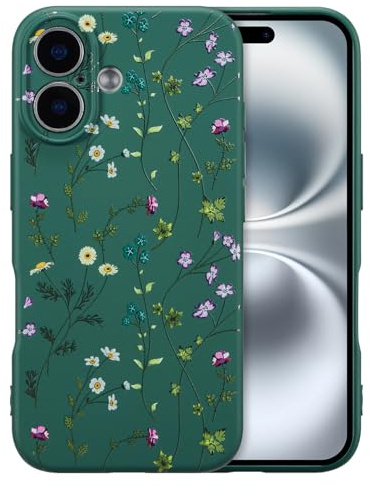 RALEAVO Case for iPhone 16 Plus, Cute Flower Silicone Cover, Dark Green | For iPhone 16 Plus Liquid Silicone Phone Case, for Girls Women Aesthetic Flowers Shockproof Protective Soft Cover