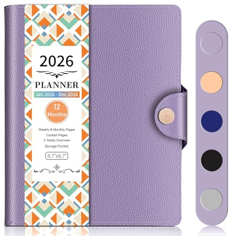 BLESWIN Terminplaner 2026, 12-Monats-Kalender 2026 Buchkalender, Jan.2026 - Dez.2026, Terminplaner 2026 A5 1 Woche auf 2 Seiten, Wochenplaner Notizbuch für Büro und Schule, Perfekter Organizer, Lila