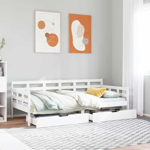 Teenpull Tagesbett Kiefernholz Weiß 80x200 cm mit 2 Schubladen, Robustes Schlafsofa für Gästezimmer, Einzelbett mit Stauraum