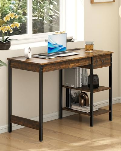Manora 110x50 cm Schreibtisch,Computertisch,Bürotisch mit Schubladen Braun,Holz Tisch Schmal mit Ladefunktion im Vintage Industrial Style für Studie & Büro