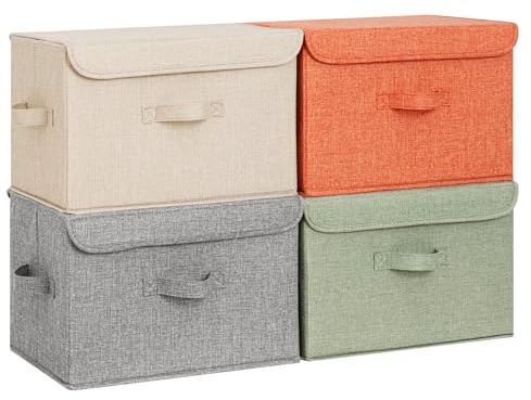 GRANNY SAYS Aufbewahrungsboxen mit Deckel, Faltboxen 40x26x25,5, Farbenfroh | 4 Stück Kisten Aufbewahrung, Ordnungsbox Stoff groß, Aufbewahrungskörbe für Kleiderschrank, Schlafzimmer, Wohnzimmer
