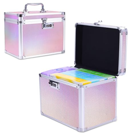 Aufbewahrungsbox mit Zahlenschloss, Abschließbare, Aluminium-Rahmen, 26x18x20 cm, für Medikamente, Dokumente und Wertsachen, Tresor Kinder (Holografik-Pink)