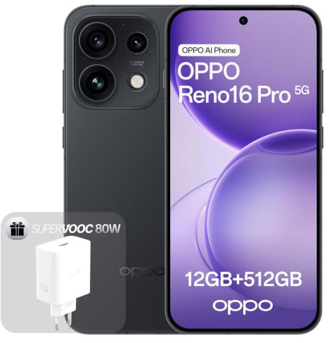 OPPO Reno16 Pro 5G Smartphone Débloqué, 12+512Go, Quad Camera 200MP, Vidéo Stable 4K, Écran AMOLED 6.32 120Hz, 6000mAh, MediaTek Dimensity 8550, IP69K, Starlight Black (Chargeur 80W SUPERVOOC Inclus)