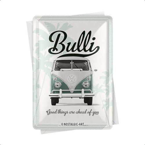 Nostalgic-Art Retro Blechpostkarte, 10 x 14 cm, VW – Good things are ahead of you – Volkswagen Bus Geschenk-Idee, Original Lizenzprodukt (OLP), Postkarte aus Metall, Mini-Blechschild als Grußkarte