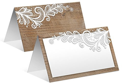 30 Stück Blanko Platzkarten zum selbst Beschriften, Namenskarten Tischkarten Geburtstag Hochzeit - Rustikal weiße Spitze, Dickes 300g/qm Kartonpapier, Menge wählbar