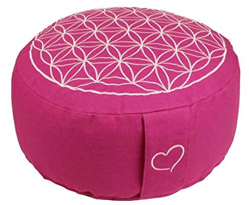 Meditationskissen Yogakissen Blume des Lebens mit Kordelverschluss gefüllt mit Bio-Dinkelspelzen für Anfänger (H:15 cm) und Fortgeschrittene (H:10 cm) (Blume Magenta, H: 15 cm)
