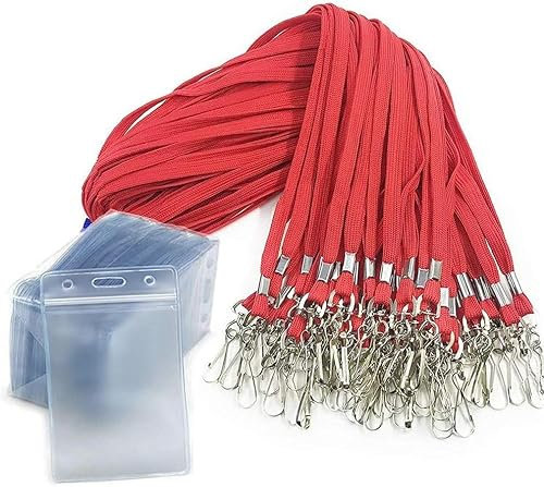 50 Stck Namensschilder mit Schlüsselband-Ausweishalter Vertikaler wasserdichter Kunststoff-Ausweishalter Lanyards Namensschilder für Kids School Camp Exkursion Business Event Trade (Rot)