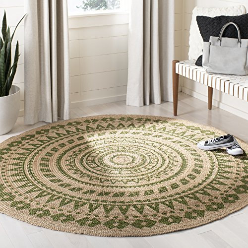 Safavieh NF802G Naturfaser-Teppich, rund, 1,2 m, handgefertigt, Boho-Mandala, geflochten, Jute, Grün