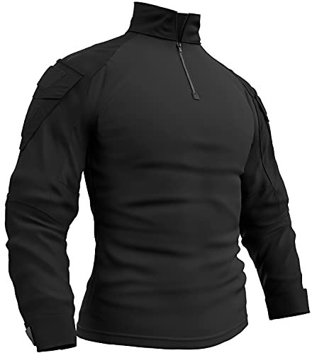 Memoryee Men's Military Tactical Army Combat Long Sleeve Shirt Slim Fit Camo T-Shirt with 1/4 Zipper and Pockets/Black/XL