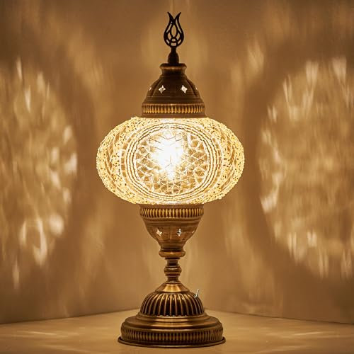 Lámpara de Mesa Turca con Mosaico a Pilas – 30 cm de Alto, 13 cm de Ancho, Lámpara Portátil de Vidrio para Interior y Exterior, Luz Decorativa Hecha a Mano para Dormitorio, Balcón, Patio y Camping