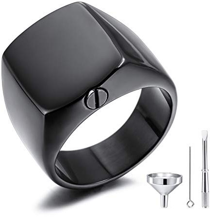 MeMeDIY Personalisierte Urne Ring Siegelring für Frauen Männer Haustier Gedenktaschenhalter aus Edelstahl Souvenir mit Trichterbausatz Ringgrößeneinsteller (Schwarz Größe 54)