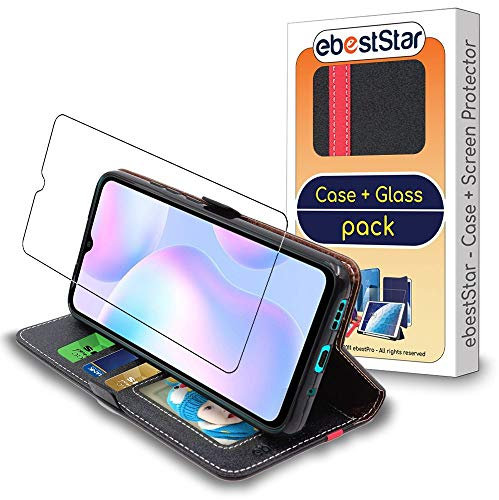 ebestStar - Coque pour Xiaomi Redmi 9A, Etui Portefeuille Protection, Housse Pochette PU Cuir Porte Carte, Noir/Rouge + Verre Trempé