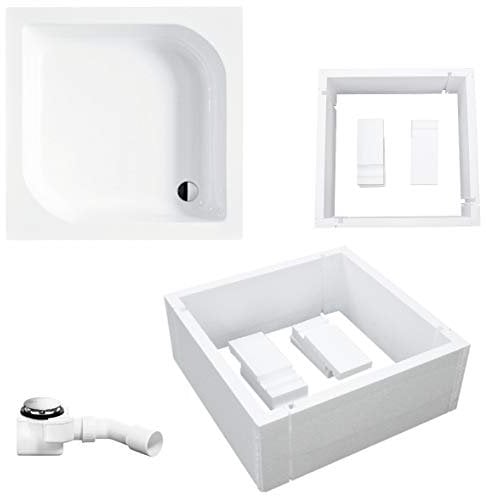 VBChome Plato de ducha cuadrado de 70 x 70 cm, con soporte, color blanco, estable, liso, soporte de poliestireno, desagüe para cabina de ducha, plato de ducha, acrílico, rectangular, para azulejos