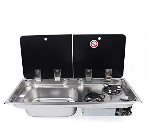 NAOKEY Boat RV Caravan Gas Stove 2 Burner Gas Cooktop Burner Gas Hob Cooktop And Sink Combo W/Tempered Glass Lid & Faucet Tap(Size:A), Black
