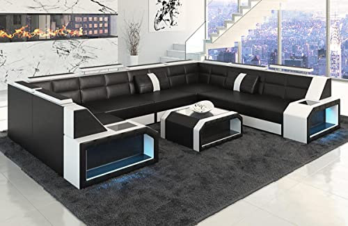Sofa Wohnlandschaft Pesaro Leder - mit LED Beleuchtung, verstellbare Kopfstützen/Lederfarben wählbar/Ausrichtung Schenkel wählbar (Langer Schenkel rechts, Schwarz-Weiß)