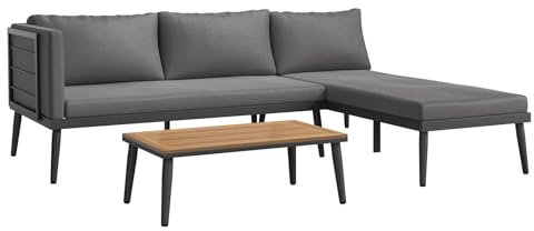 OUTLIV. Lounge Set India, 3-teilig, Stahlgestell, Akazienholz Tischplatte, inkl. waschbare Kissen, L-Form, für Garten und Terrasse, Anthrazit