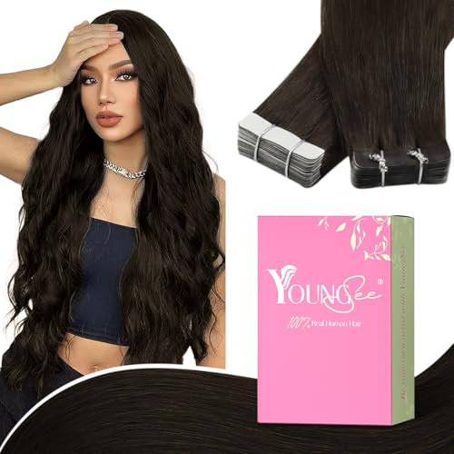 YoungSee Dark Brown Tape in Hair Extensions Brown Hair Tape in Extensions 24 Inch Dark Brown Tape Hair Extensions Real Human Hair 20pcs 50g Glue in Hair Extensions Real Human Hair Darkest Brown #2