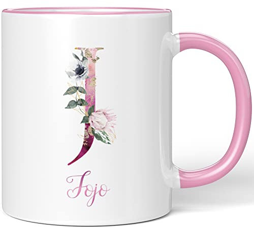 JUNIWORDS Tasse, Jojo, Name Anfangsbuchstabe Initial Alphabet Floral Buchstabe J Monogramm Motiv, Rosa (5516646)