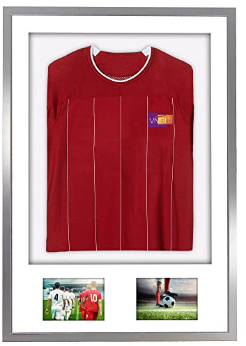 Vivarti DIY Adult 3D Mounted + Double Aperture Sports Display Frame for Football, Rugby, Band T-Shirt Shadow Box - 61 x 91.5cm - Silver Frame, White Mount, White Backing Card