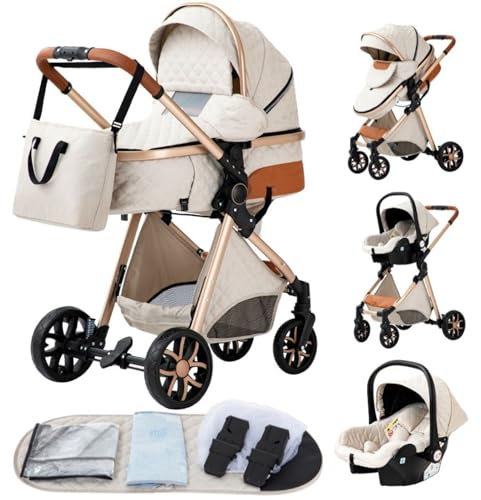 YAZOCO kinderwagen 3 in 1 Buggy Babybett Komplett Set Einem Klick Zusammenklappbarer Kinderwagen, KombiKinderwagen Aluminiumrahmen für Neugeborene Sitzzubehör (4 Creme)