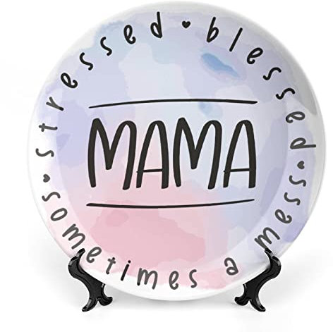 Gokays Platos decorativos para el día de la madre, plato de cerámica con texto en inglés Blessed Mama, placa tambaleante con soporte de exhibición, decoración del hogar para sala de estar, comedor,