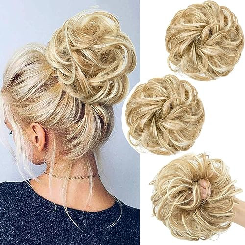 PORSMEER 2 Stücke Haarteil Dunkelblond/Strandblond mit Gummiband,Dutt Haarteil Gelockt Haargummi mit Haaren Hochsteckfrisuren Haarverlängerung Messy Bun Scrunchies Haarteile für Damen Pferdeschwanz