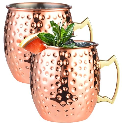 ieron Tazas de cobre Moscow Mule de 18 onzas (juego de 2) tazas de cobre martillado, tazas de cobre seguras para alimentos, taza de ginebra de 501 ml, perfectas para beber y regalar en fiestas