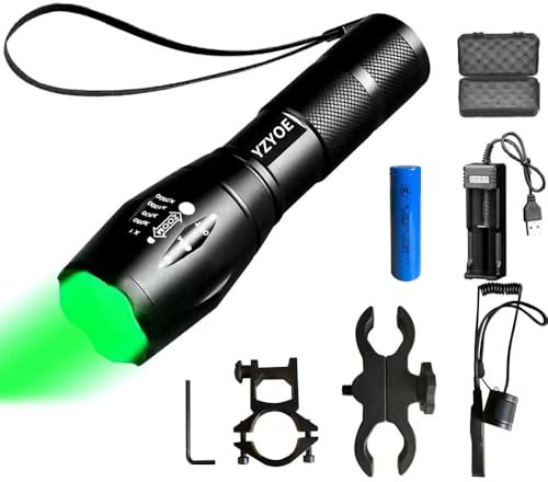 Linterna táctica de luz verde recargable, linterna zoomable de luz caza verde 500 yardas Hog Predator Lights with Pressure Switch Universal Picatinny Rail Mount kit.