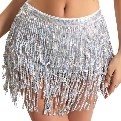LETTERASHQP Glitzer Rock Damen Pailletten Rock Damen Bauchtanz Rock Glitzer Rock Silber Quasten Glitzerrock Pailetten Rock Silber Damen Pailletten Rock Mädchen für Karneval