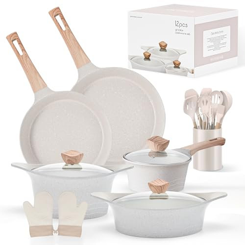 RIOVARM Set di pentole e padelle per piano cottura a induzione Set di pentole in granito antiaderente con coperchio Senza PFOA Cucina Essenziale con Casseruola Set di spatole
