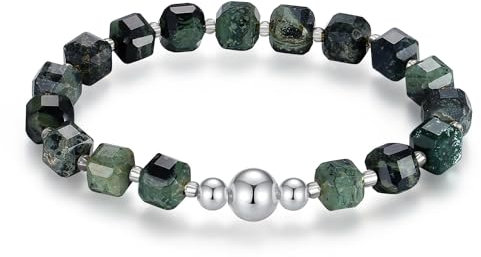 MetJakt Handgemachtes Stretch Armband Echtes 8MM Naturstein Würfel Design 18k Vergoldet Kugel für Damen und Herren Edelstein Perlenarmband (Kambaba-Jaspis -Silber)