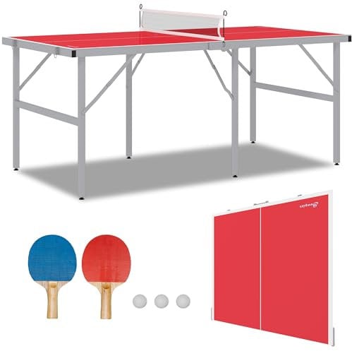 Soozier Mini Tischtennisplatte Set für Draußen und Drinnen, Faltbare Tischtennisplatte mit Netz, 2 Paddel, 3 Bälle, verstellbare Füße, einfache Montage, Rot