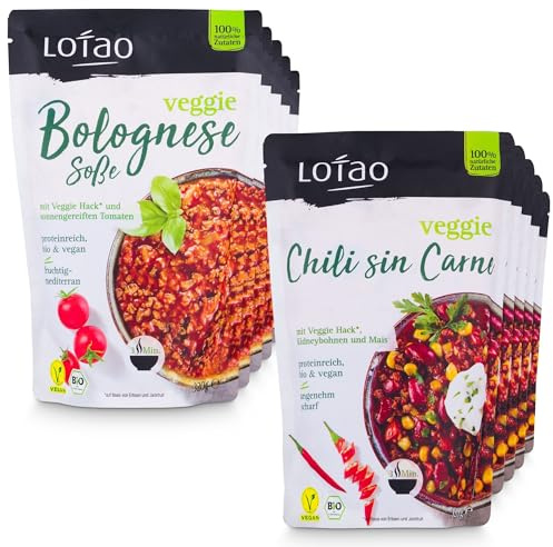 LOTAO Vegane BIO Fertiggerichte: Chili sin Carne + Bolognese Sauce, 10er Mix-Paket | Veggie Hack als Fleischersatz | Schnelle vegetarische und vegane Fertigessen + Lebensmittel ohne Zusätze + Soja