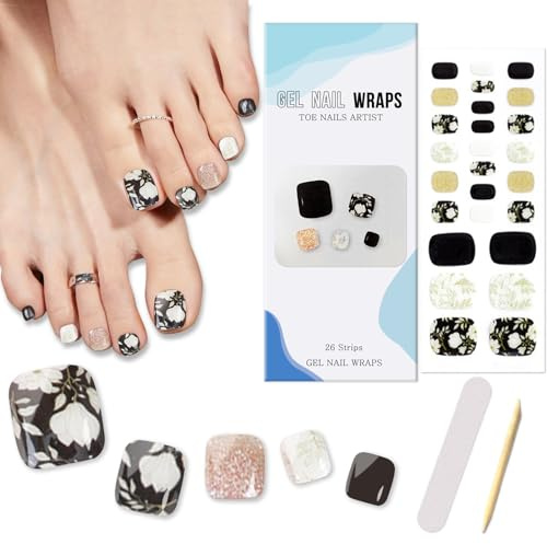 Gel UV Ongle d'Orteil Autocollants, 26PCS Couverture Complète Auto-Adhésifs Bandes d'Ongles d'Orteils, Qualité Salon d'Orteil Vernis À Ongles Autocollants Wraps(Ombres De Fleurs Sous La Lune)