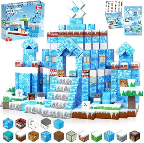 Goody King Magnetische Bausteine mit 100 Pcs Magnetwürfel Bauen Deine Eis und Schneewelt Montessori Magnetspielzeug ab 4 5 6 7 8 9 Jahre Junge und Mädchen Magnetic Building Blocks Geschenke für Kinder