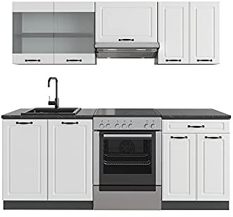 Vicco Küchenzeile R-Line, Küchenblock, Weiß Landhaus/Anthrazit, 200 cm, AP Marmor