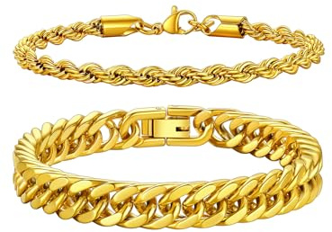 Richsteel Herren Edelstahl Armband Set, 2 Stück Herrenarmband, 3 Stück Herrenarmband, Schwarz/Stahl/Gold, 9/8/4mm Set Stapelbar, 19/21/23cm Länge, geeignet zum Verschenken