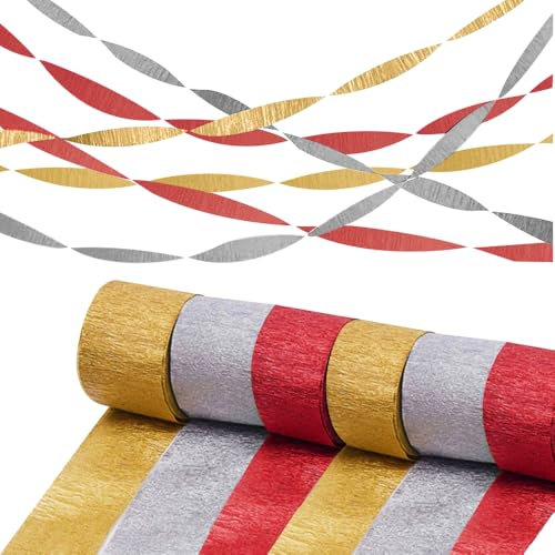 Krepppapier, 6 Rolls Krepppapier bunt Party Bunt Kreppbänder, Bastelkrepp Bunt für die Hochzeitsdekoration Geburtstagsfeier Weihnachtsdekoration(Gold, Silber, Rot 4,5 cm x 25 m/Rolle)