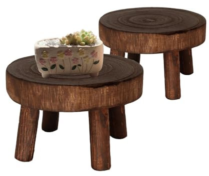 Oriental riverkit Wood Plant Stand 2Pcs, Mini Wooden Stool Display Stand, Boho Bonsai Holder, Decorative Wooden Flower Pot Holder for Garden, Living Room, Balcony or Office, Dark Brown (Large)